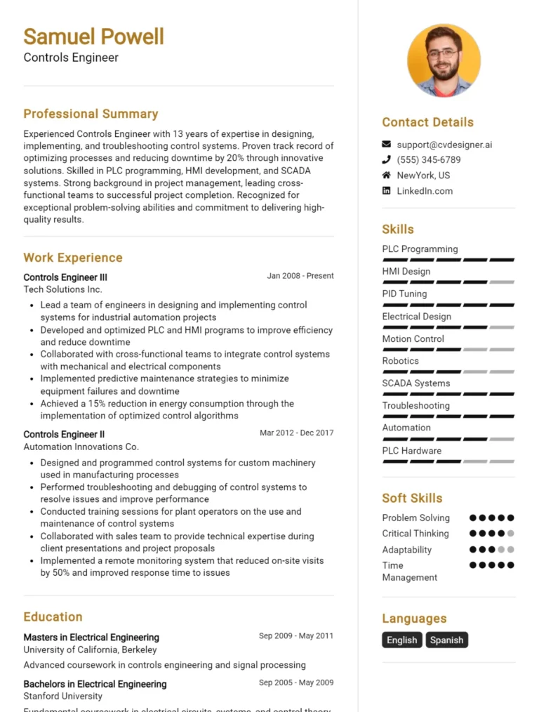 Controls Engineer CV Example For 2025: Top Tips & Samples