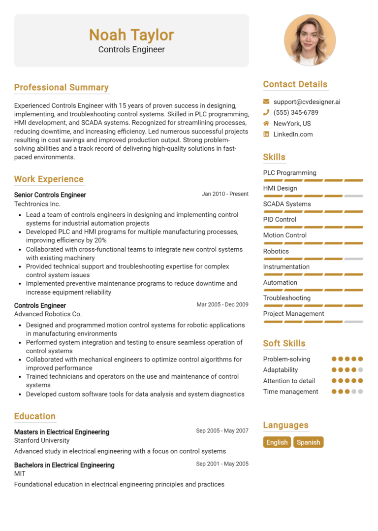 Controls Engineer Resume Example for 2025: Effective CV Writing Tips