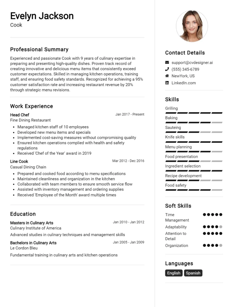 Cook CV Example For 2025: Free Professional Templates