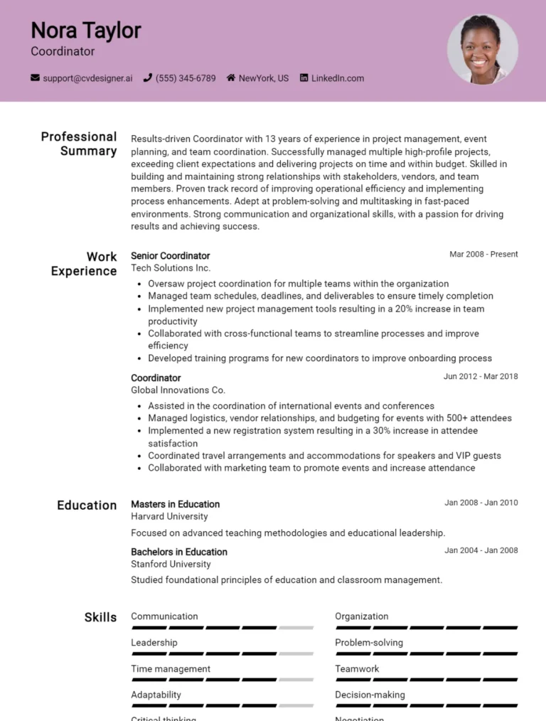Coordinator CV Example For 2025: Top CV Skills