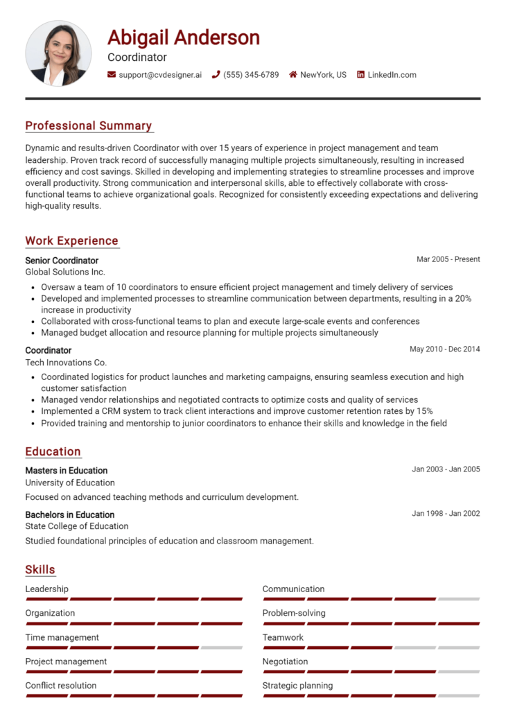 Coordinator Resume Example