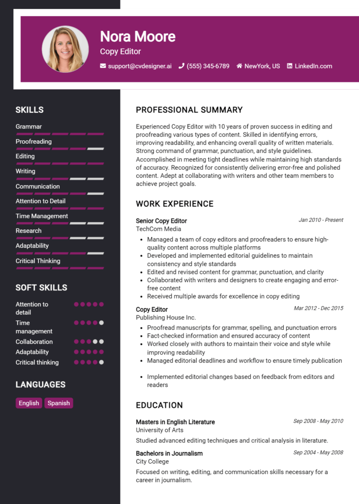 Copy Editor Resume Example for 2024: Writing Guide - CVDesigner.ai