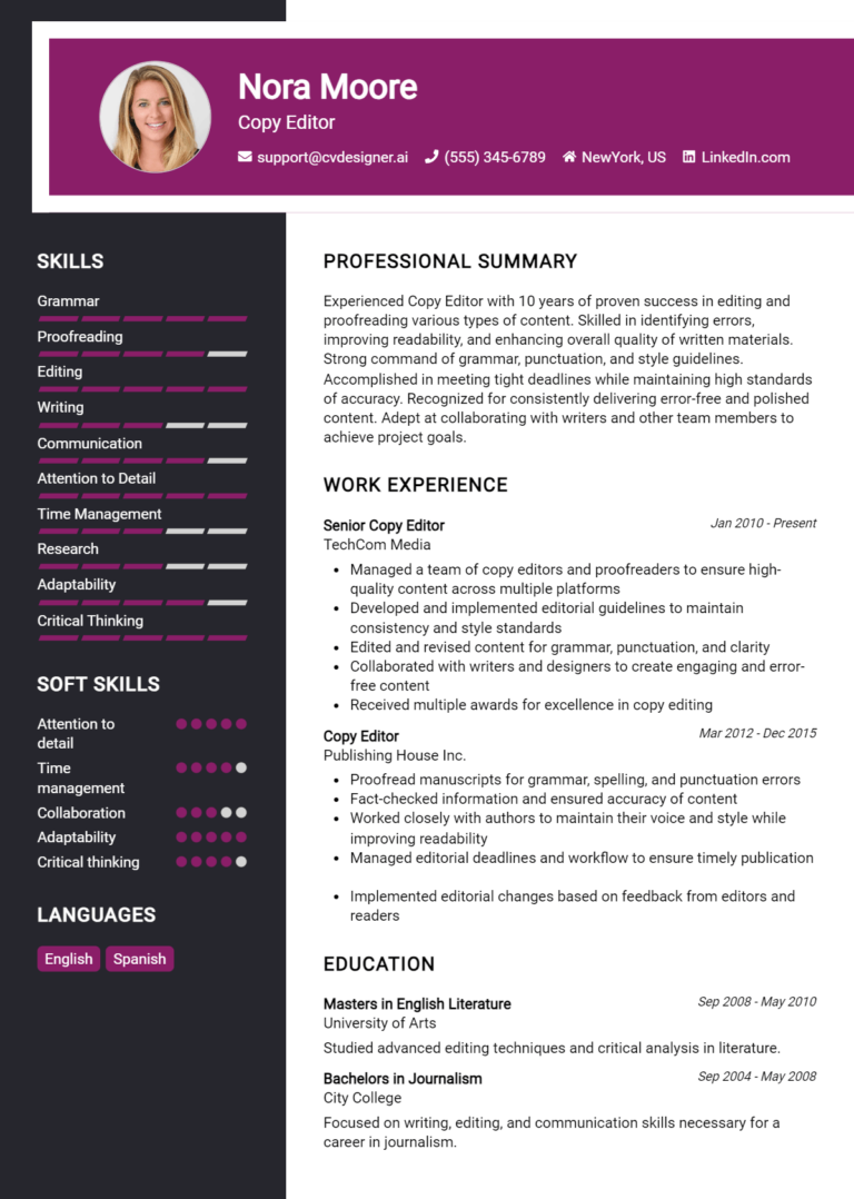 Copy Editor Resume Example for 2025: Writing Guide