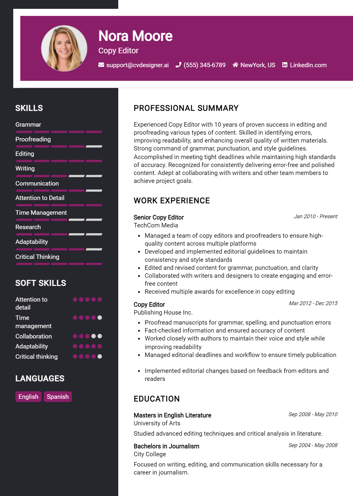Copy Editor Resume Example