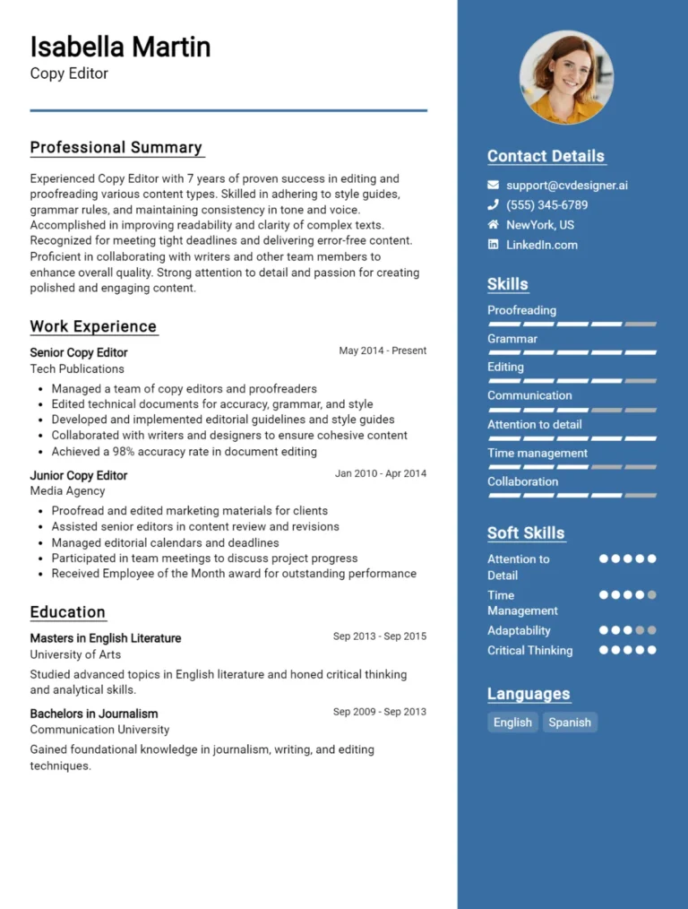 Copy Editor CV Example For 2025: Best Writing Guide