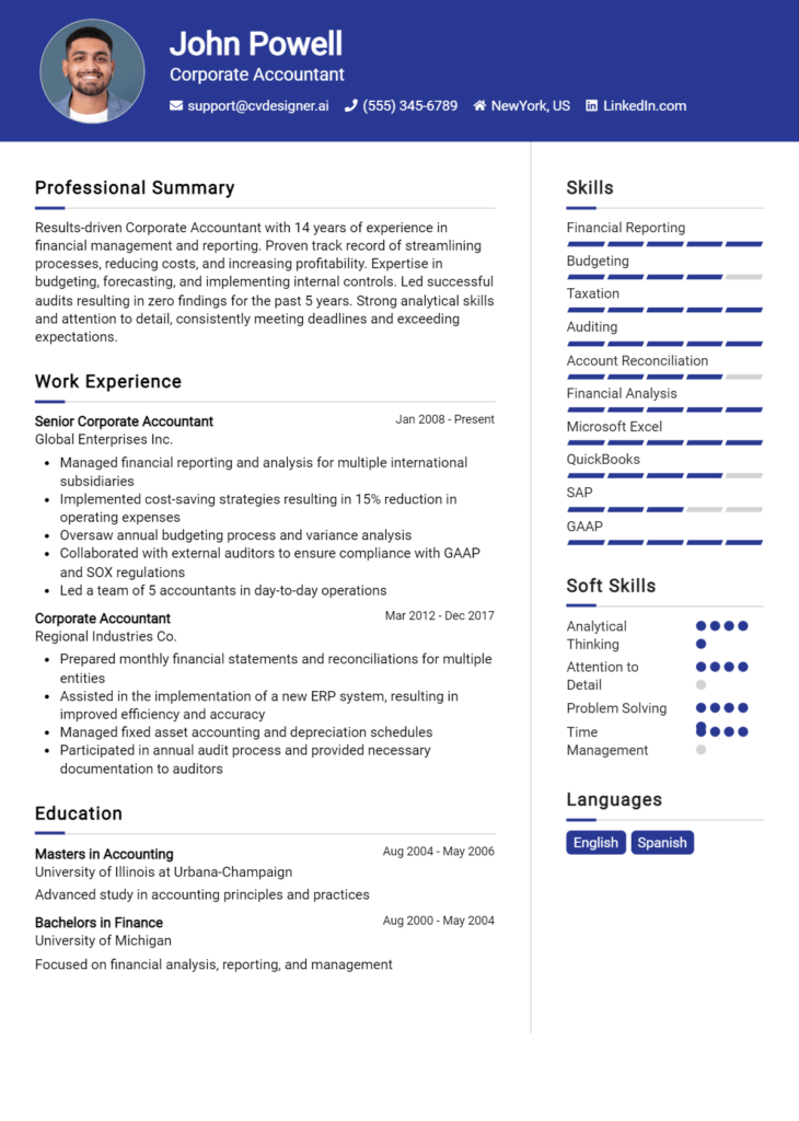 Corporate Accountant Resume Example
