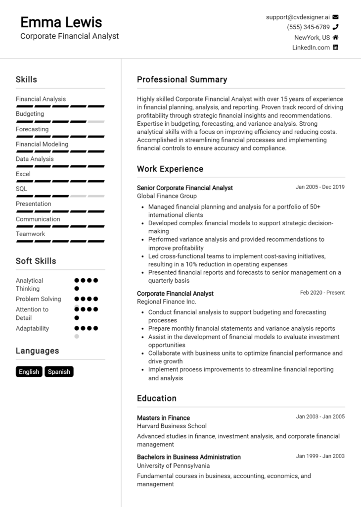 Corporate Financial Analyst Resume Example