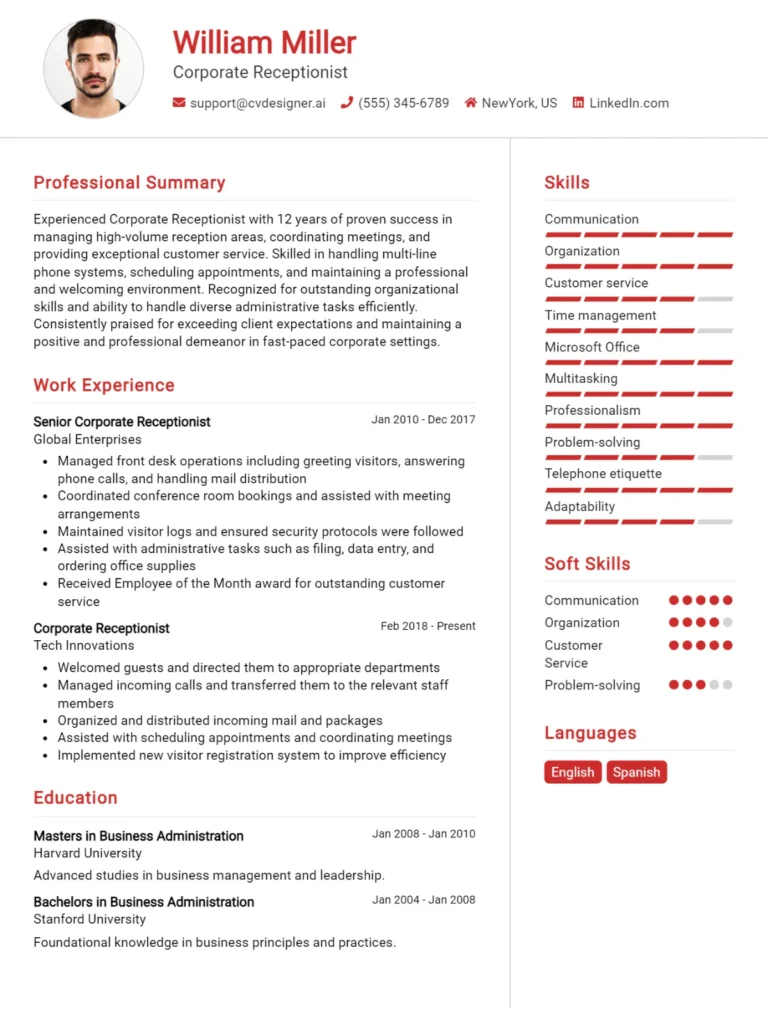 Corporate Receptionist CV Example For 2025: Effective CV Writing Tips