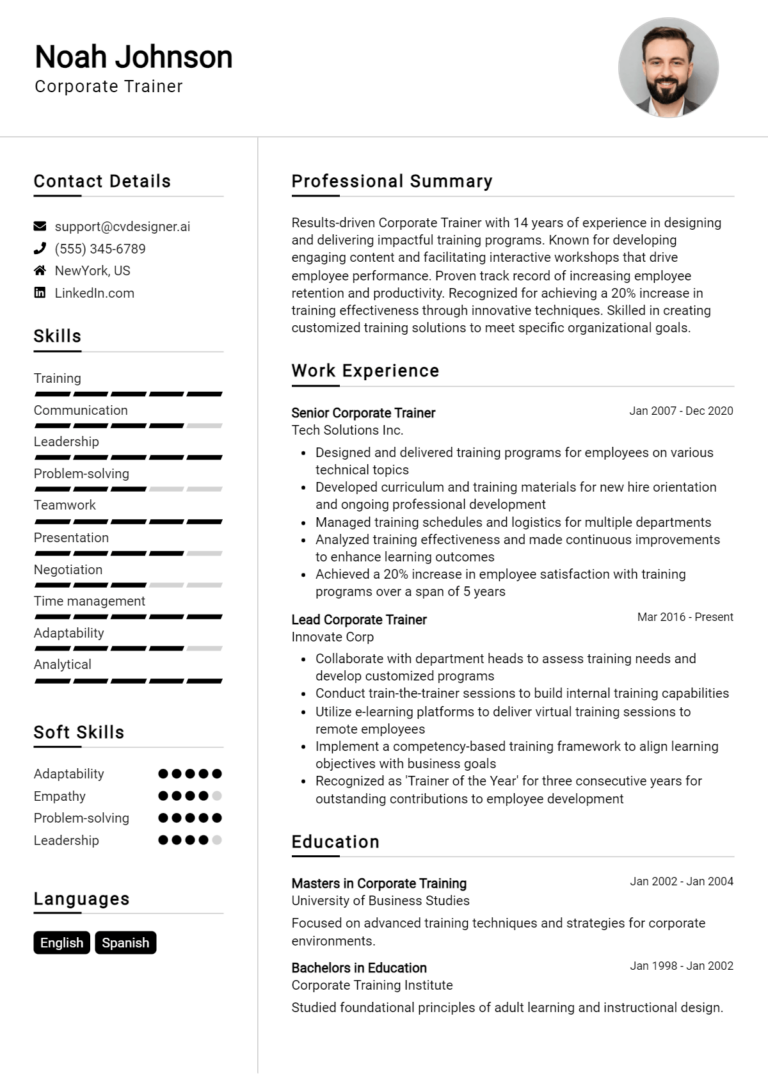 Corporate Trainer Resume Example for 2025: Professional CV Templates