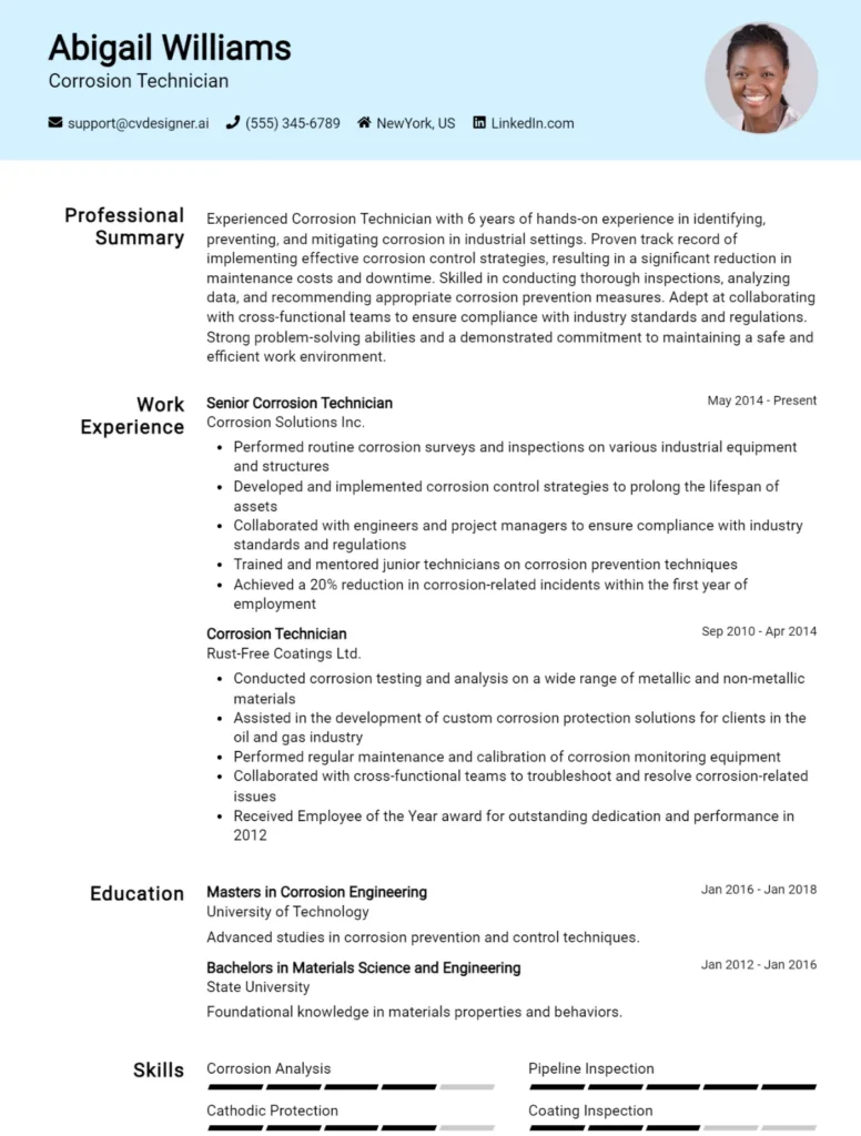 Corrosion Technician CV Example