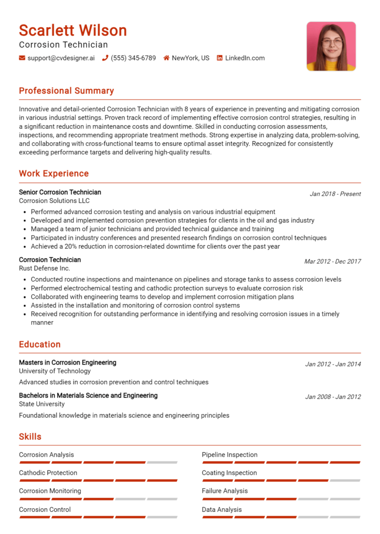 Corrosion Technician Resume Example for 2025: Top CV Skills