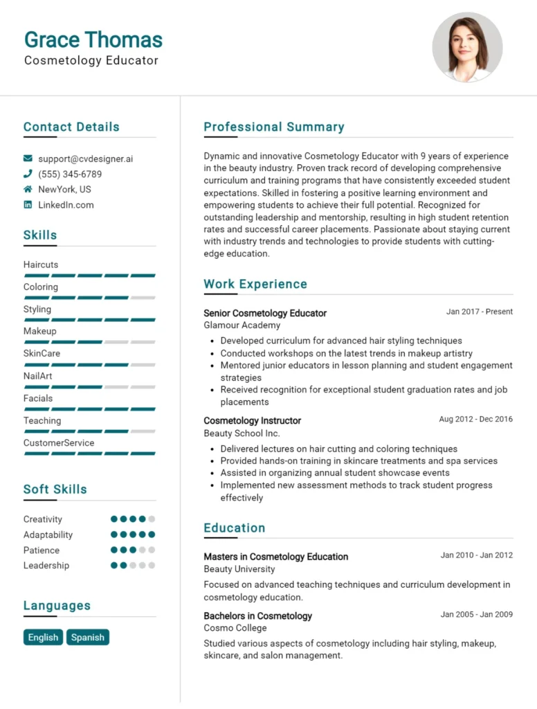 Cosmetology Educator CV Example