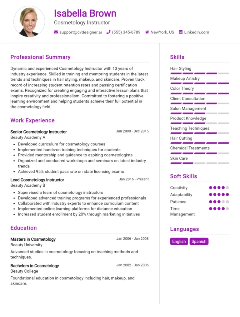 Cosmetology Instructor CV Example For 2025: How to Craft a Winning CV