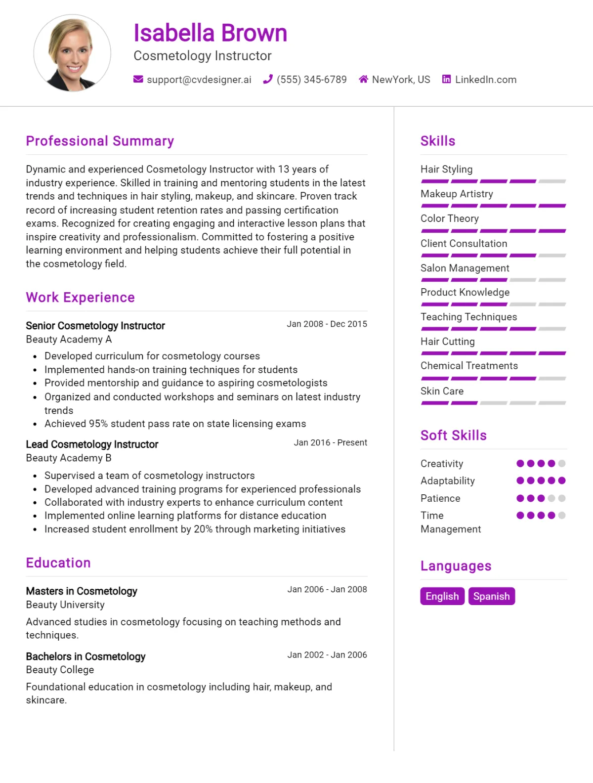 Cosmetology Instructor CV Example