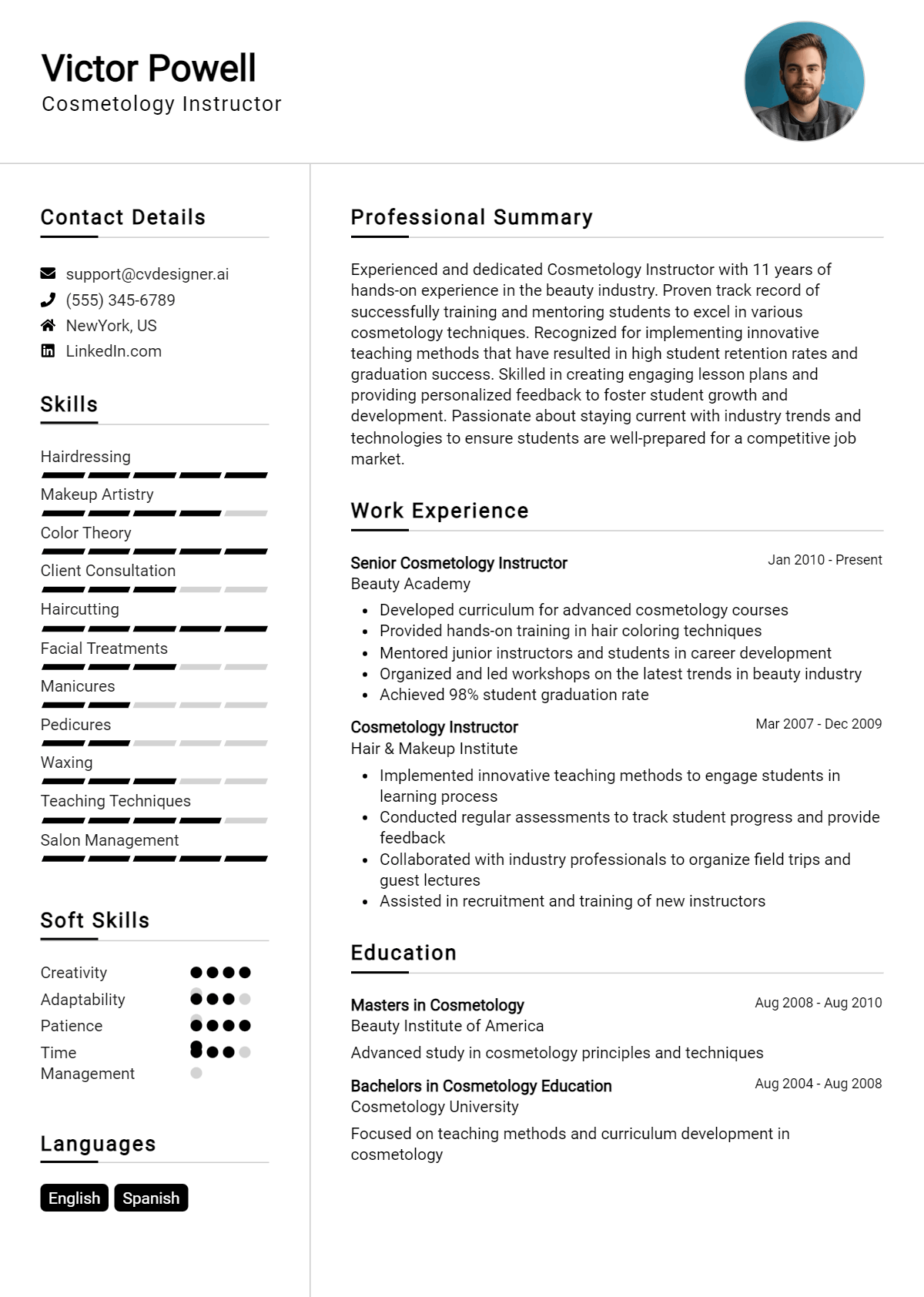 Cosmetology Instructor Resume Example