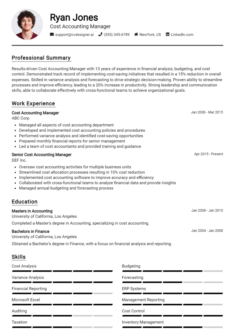 12 Cost Accounting Manager Resume Examples And Templates for 2025