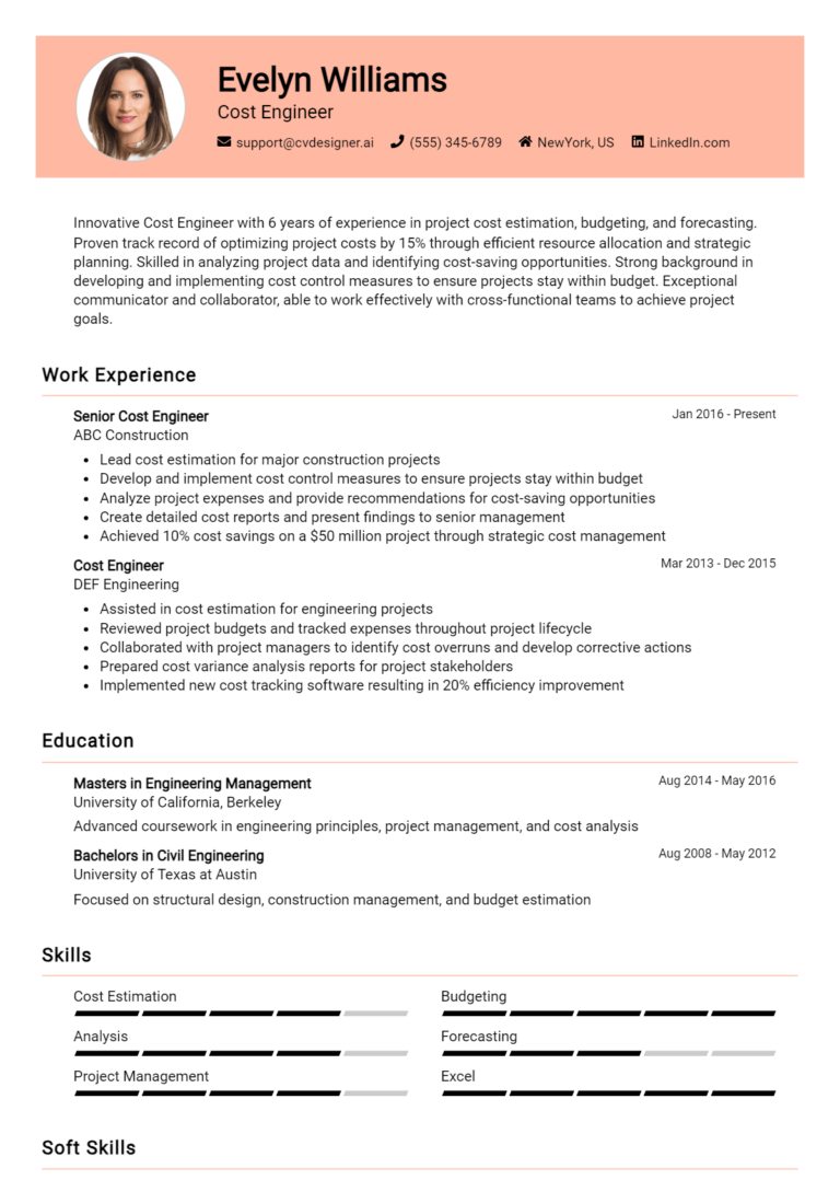 Cost Engineer Resume Example for 2025: Strategies & Templates