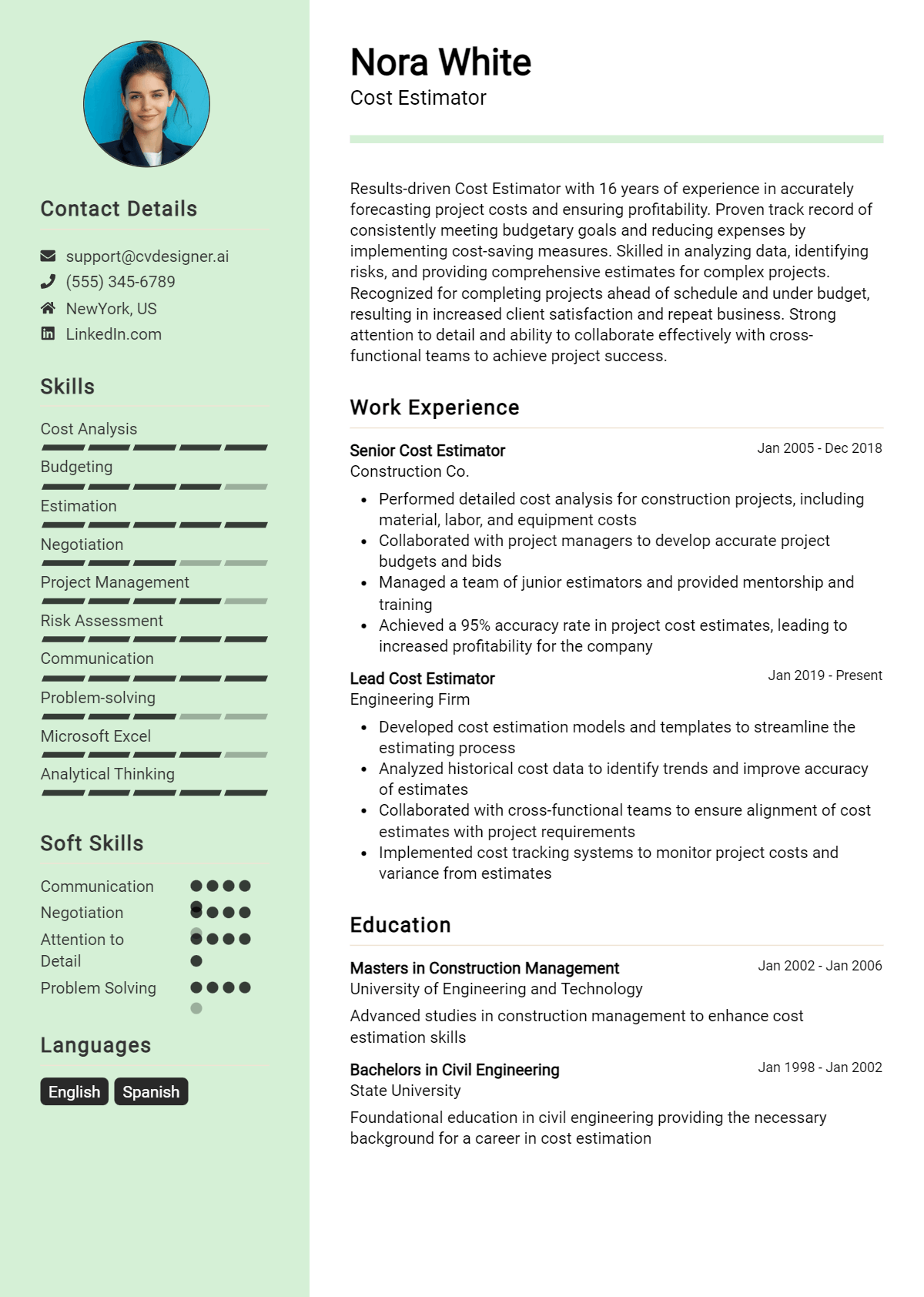 Cost Estimator Resume Example