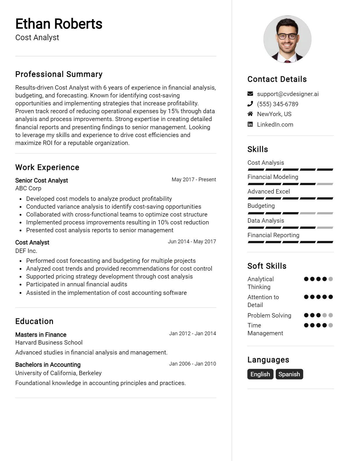 Cost Analyst CV Example