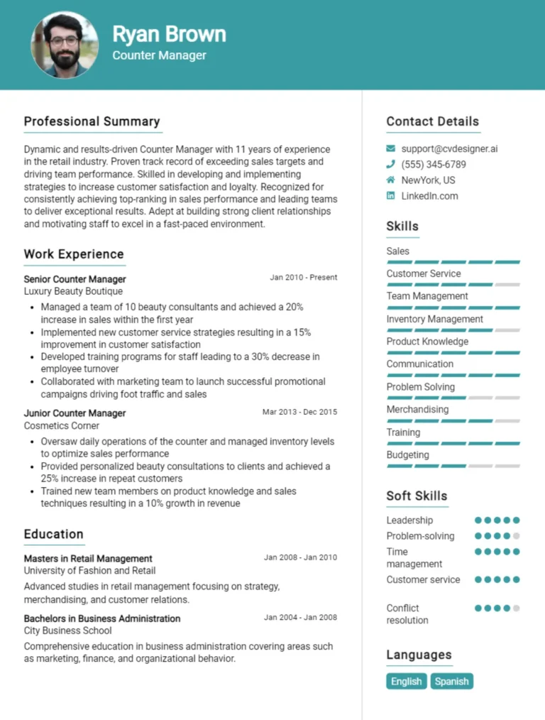 Counter Manager CV Example For 2025: Effective CV Writing Tips