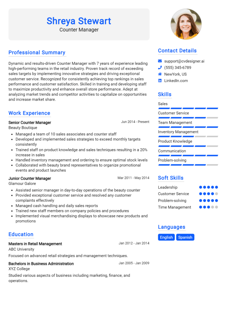 Counter Manager Resume Example for 2025: Tips & Templates
