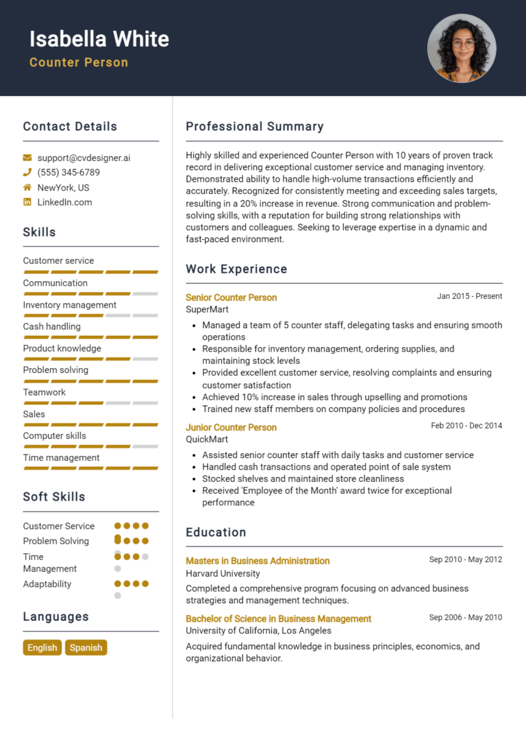 Counter Person Resume Example for 2025: Strategies & Templates