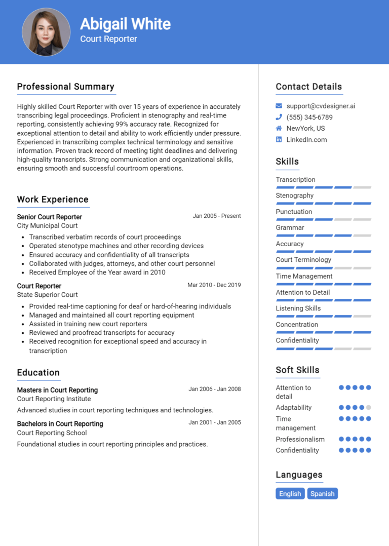 Court Reporter Resume Example for 2025: How to Craft a Winning CV