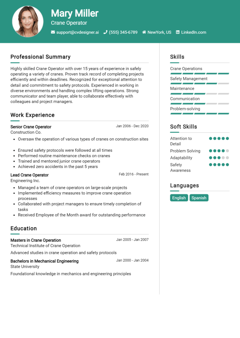Crane Operator Resume Example for 2025: Top CV Skills