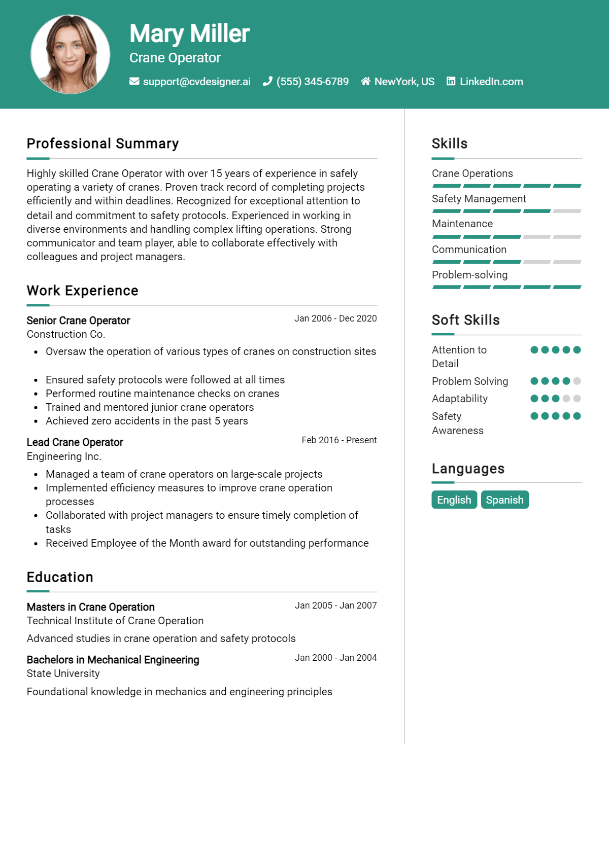 Crane Operator Resume Example for 2024: Top CV Skills - CVDesigner.ai