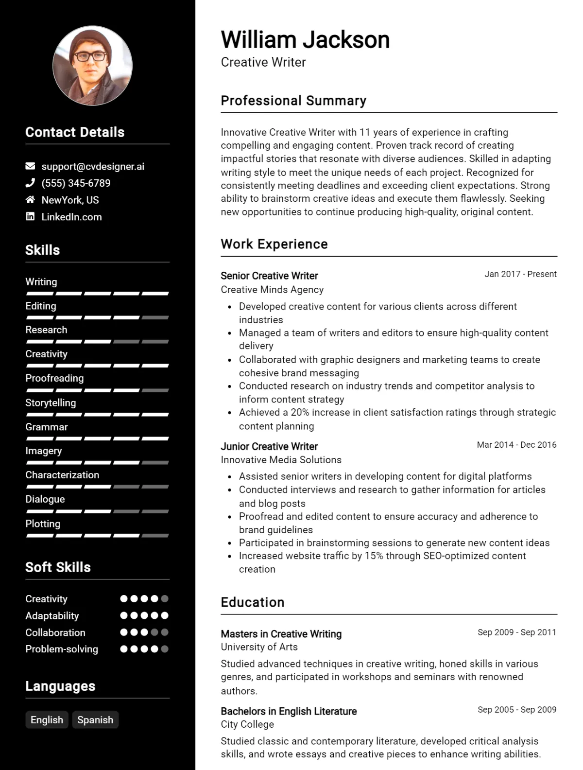 Creative Writer CV Example