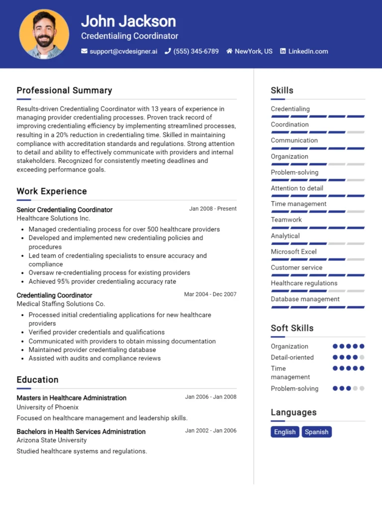 Credentialing Coordinator CV Example For 2025: Ultimate Guide