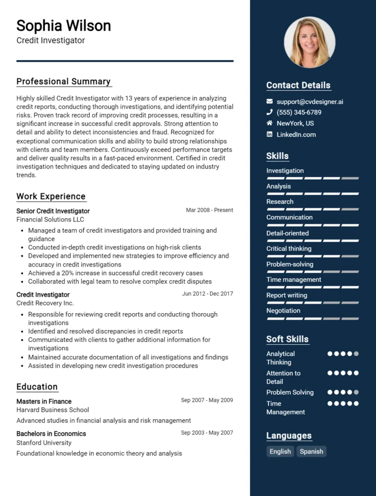 Credit Investigator CV Example For 2025: Examples & Free Templates