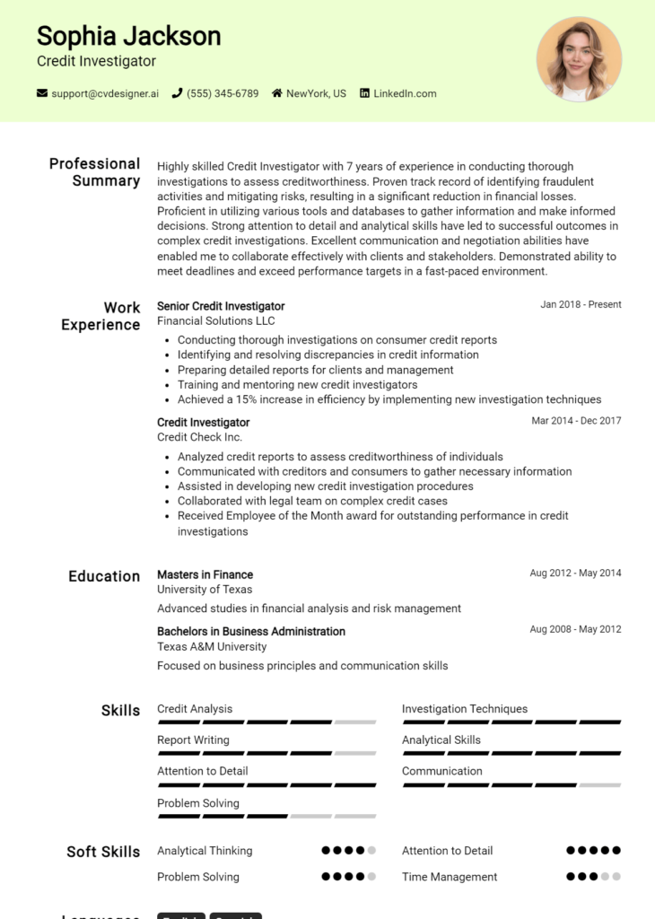 Credit Investigator Resume Example