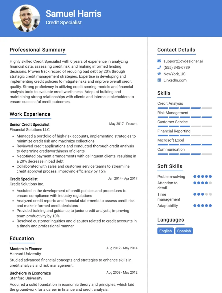 Credit Specialist CV Example For 2025: How to Create a Professional CV