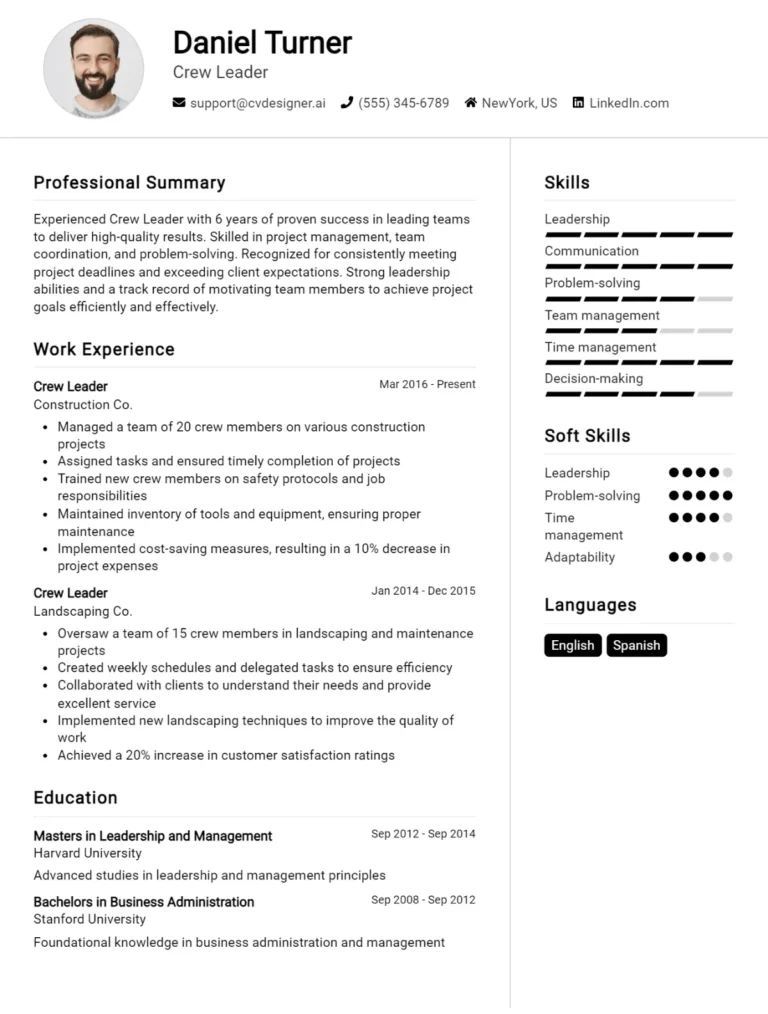 Crew Leader CV Example For 2025: Best Writing Guide