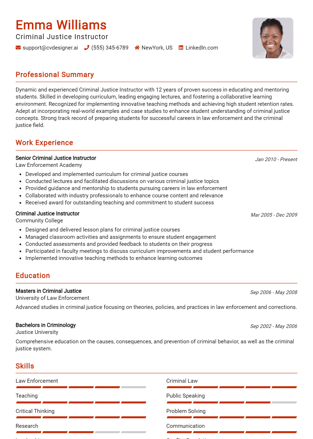 Criminal Justice Instructor Resume Example