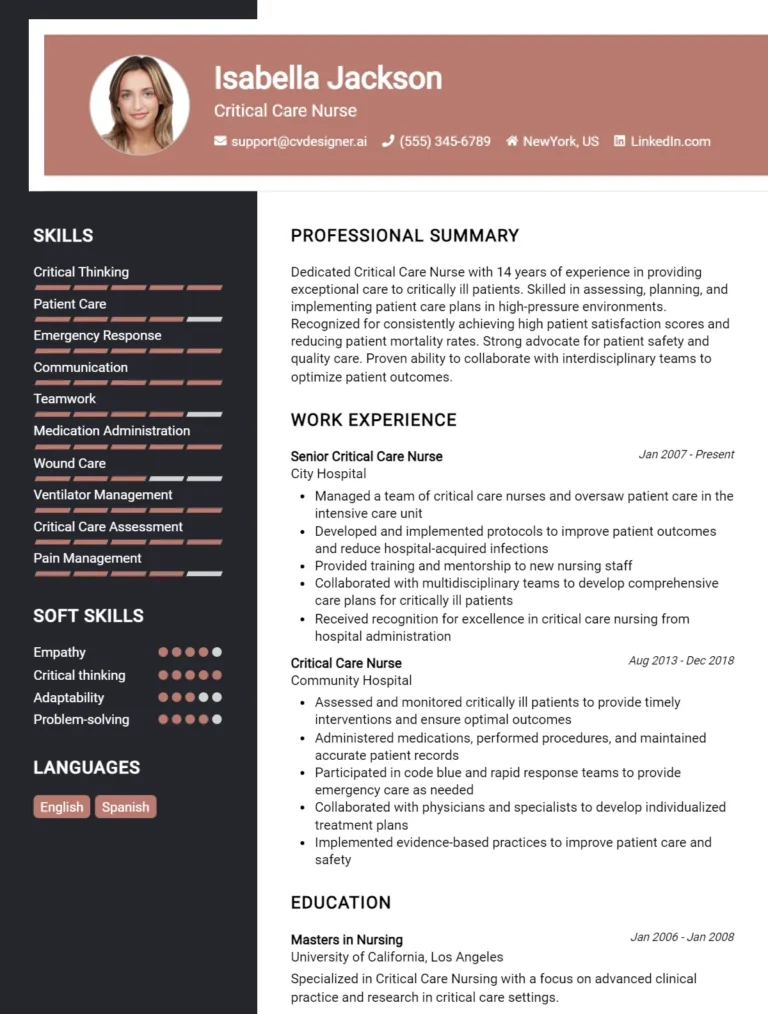 Critical Care Nurse CV Example For 2025: Best Writing Guide