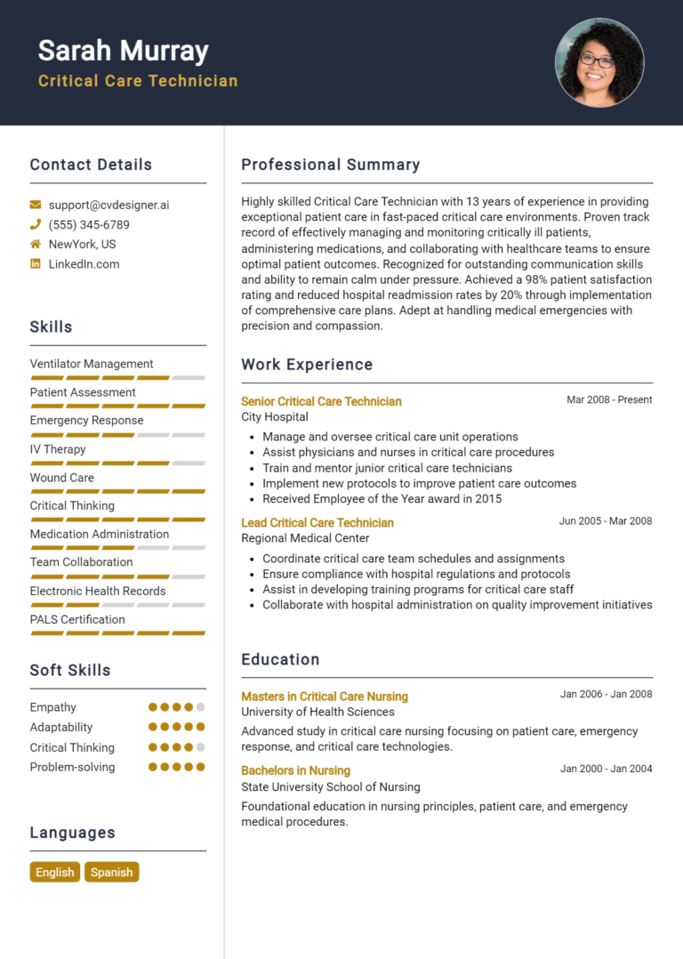 Critical Care Technician Resume Example for 2025: Free Downloadable Templates