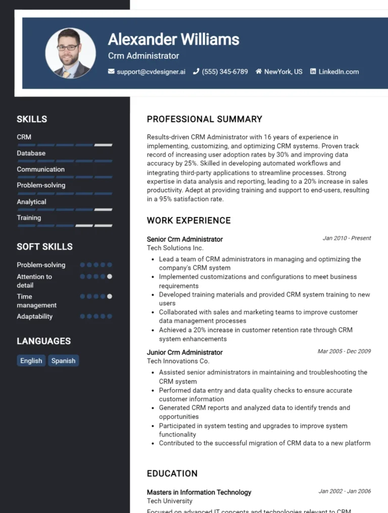 CRM Administrator CV Example For 2025: Professional CV Templates