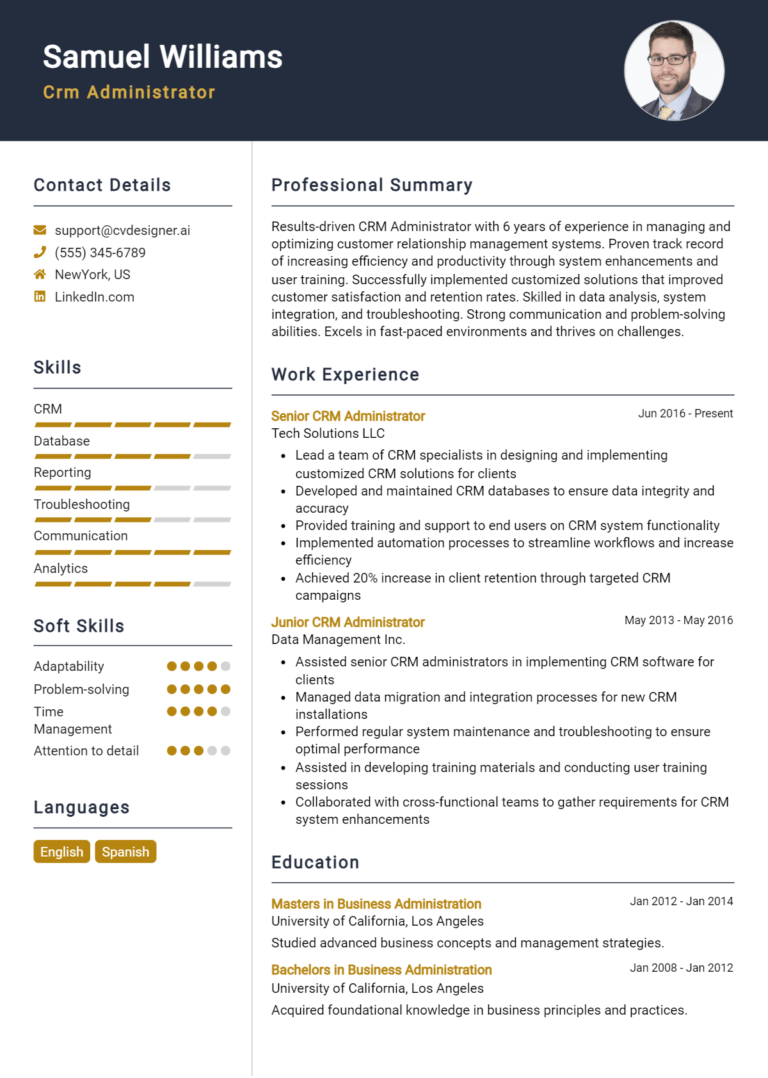 CRM Administrator Resume Example for 2025: Free Professional Templates