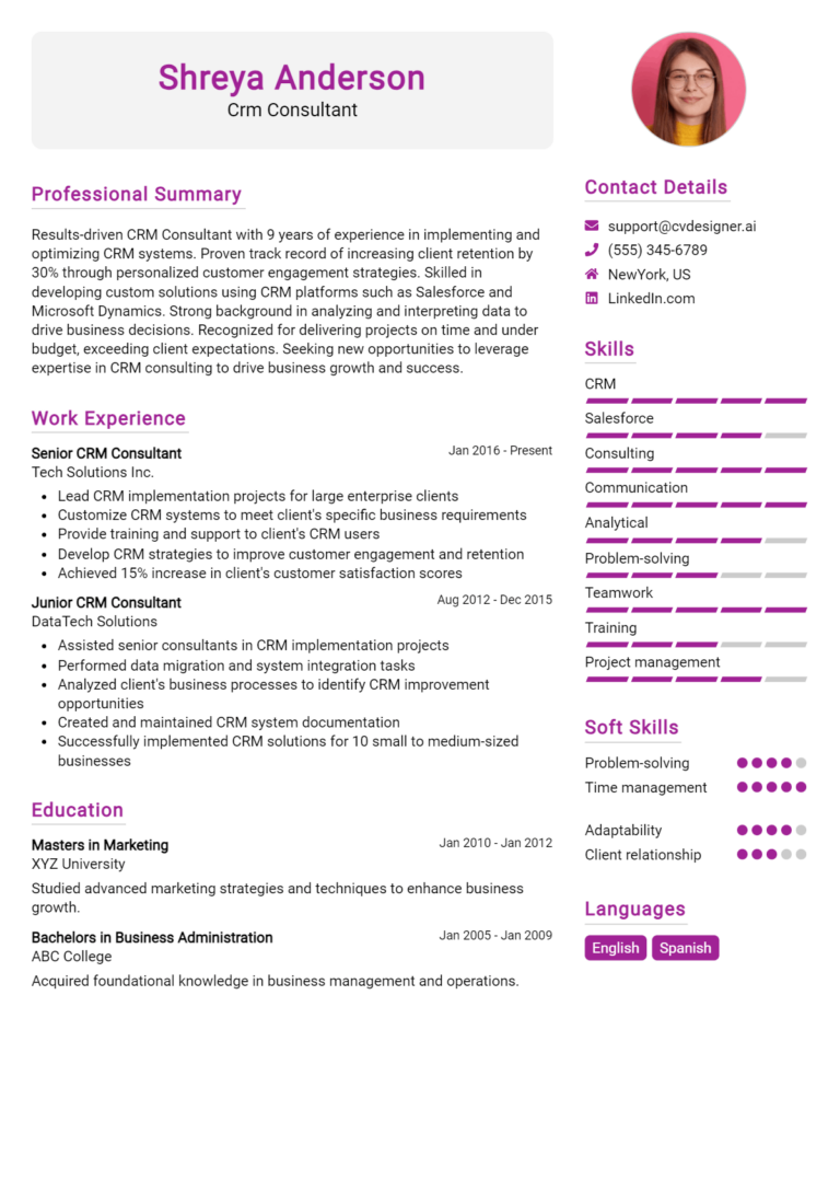 Crm Consultant Resume Example for 2025: Tips & Templates