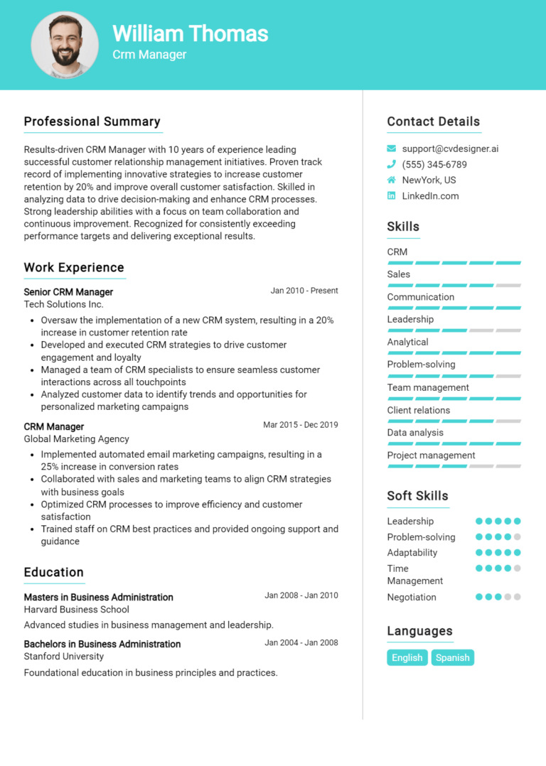 Crm Manager Resume Example for 2025: Free Examples