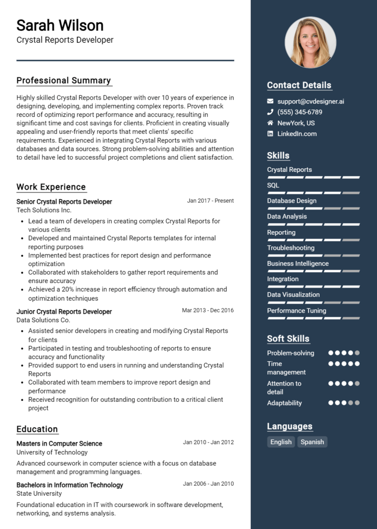 Crystal Reports Developer Resume Example for 2025: Free Guide
