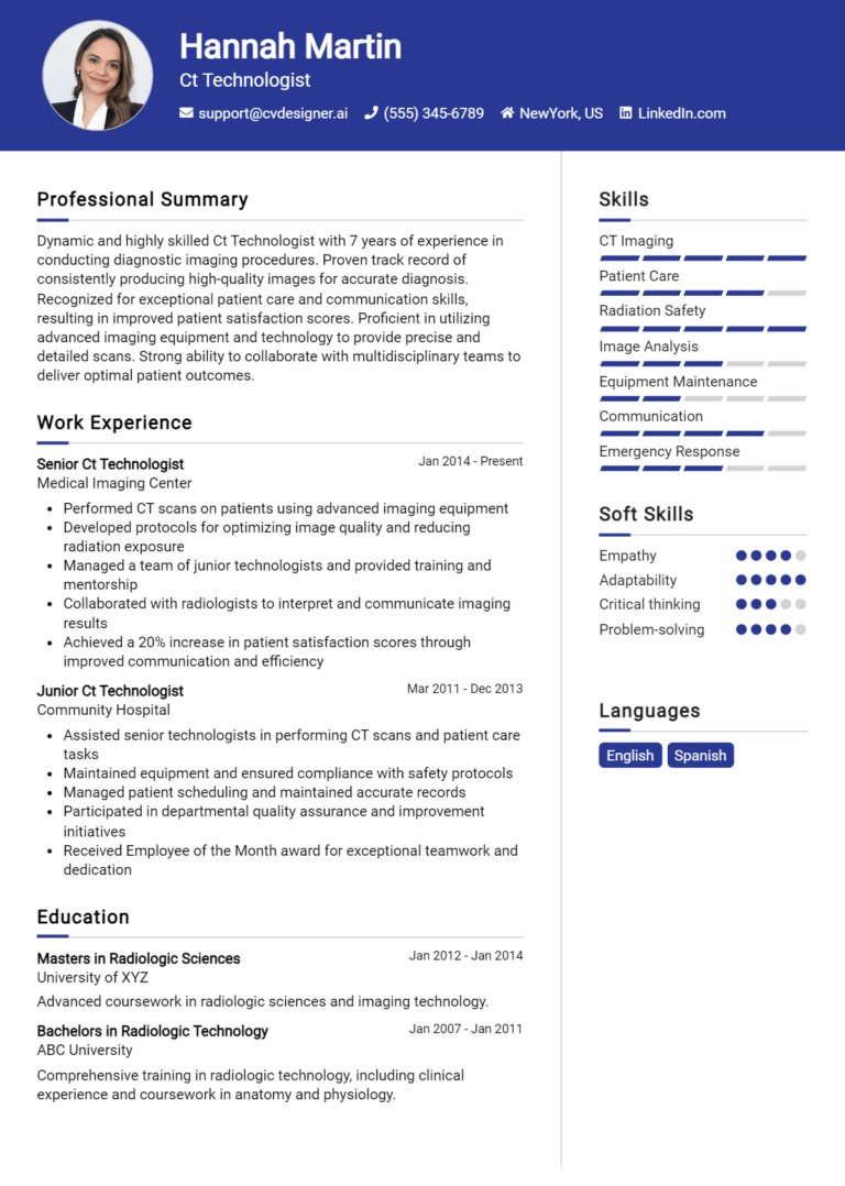 CT Technologist Resume Example for 2025: Professional CV Templates