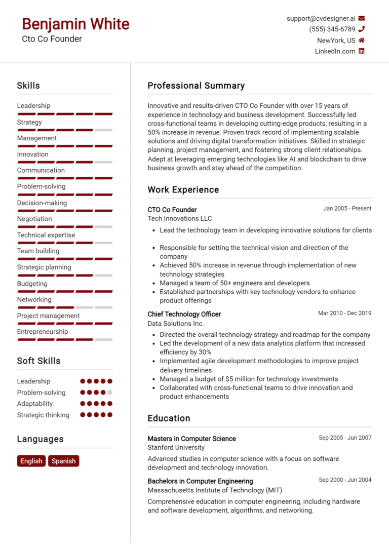 CTO & Co-Founder Resume Example for 2025: Best Writing Tips