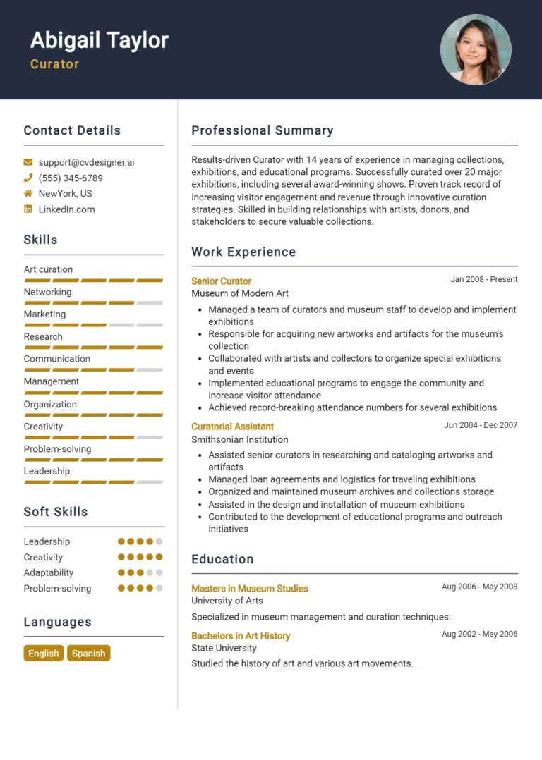 Curator Resume Example for 2025: Free Templates