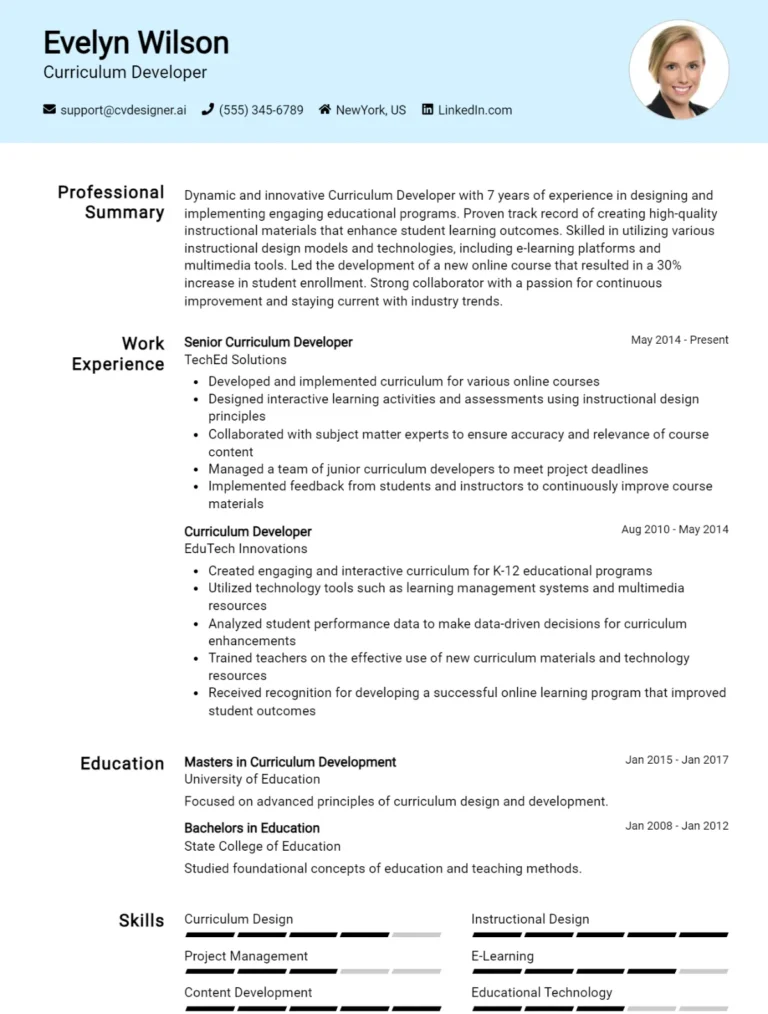 Curriculum Developer CV Example For 2025: Top CV Skills