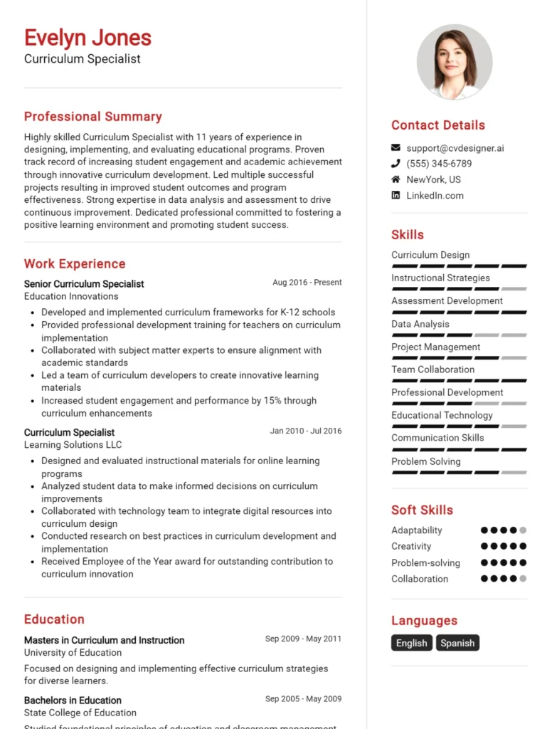 Curriculum Specialist CV Example