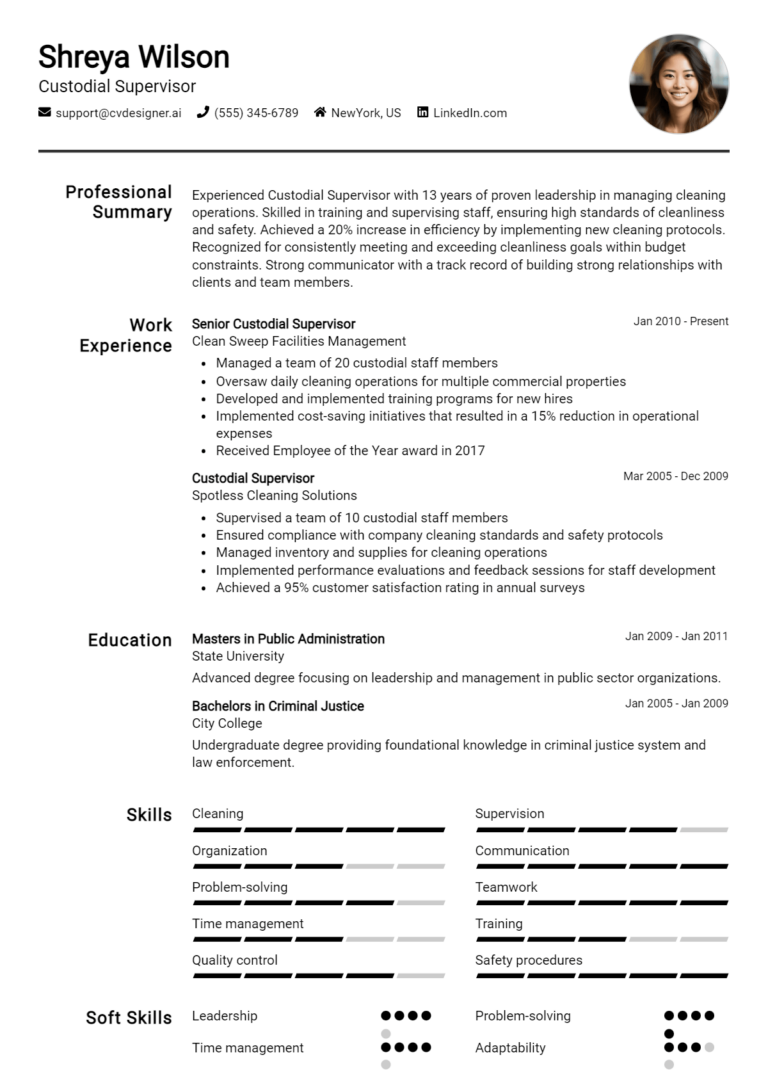 Custodial Supervisor Resume Example for 2025: Effective CV Writing Tips