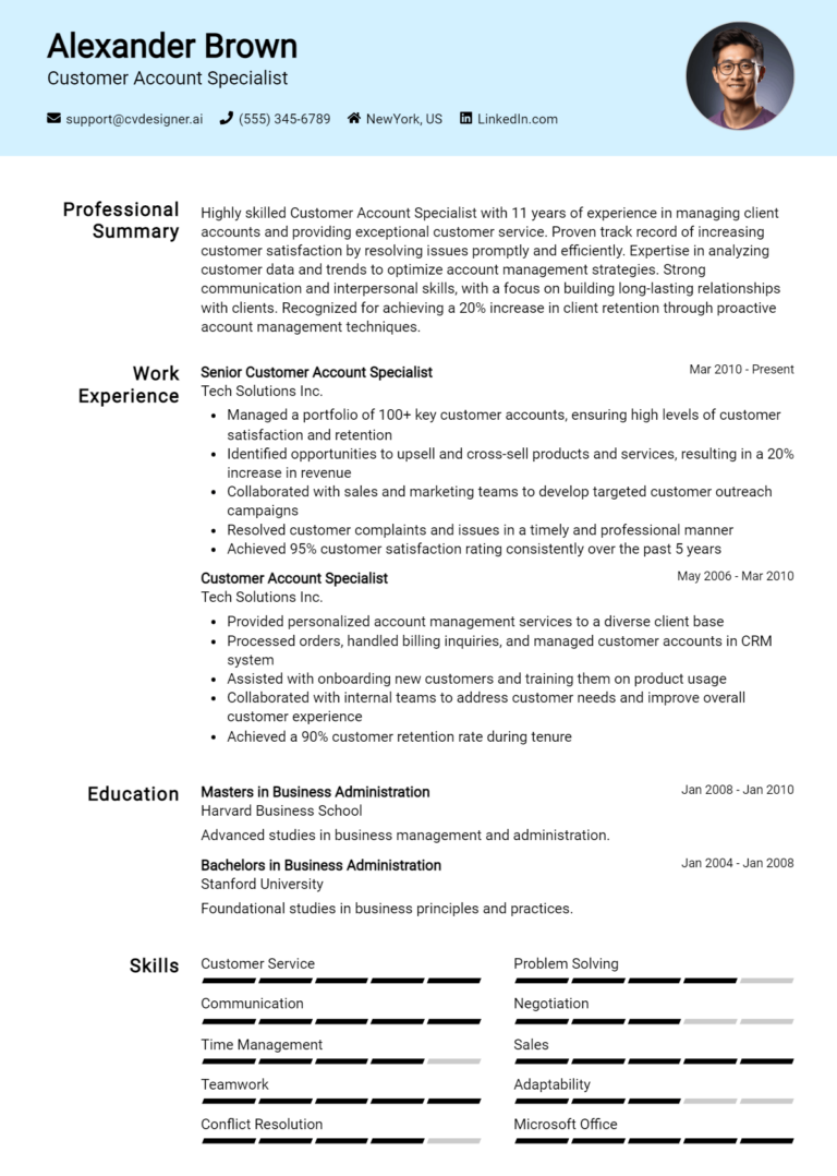 Customer Account Specialist Resume Example for 2025: Professional CV Templates